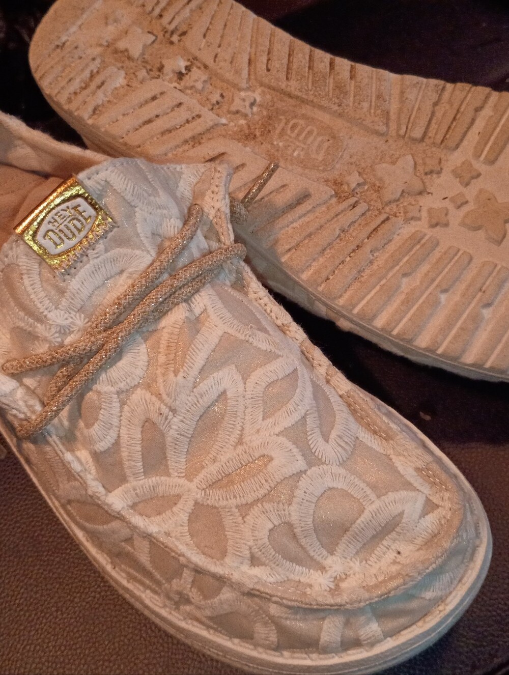 Hey Dude Women's Beige Floral Embroidered Slip-On Moccasins